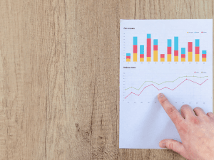 A person's hand pointing to a line graph on a paper showing data analysis with colorful bar charts above it, placed on a wooden table.