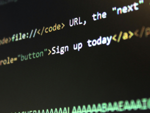 Close-up of computer screen displaying HTML code with a prominent Sign up today button link highlighted.