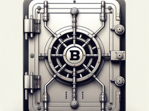 Alt: Illustration of a stylized bank vault door with intricate locking mechanism and the Bitcoin symbol at the center.