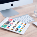 An Apple iMac on a desk with a keyboard, a mouse, a glass of water, and an iPad displaying colorful app icons.