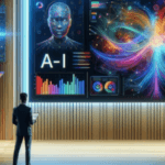 Person standing in front of a futuristic AI presentation with digital graphics and vibrant visualizations on a large screen.