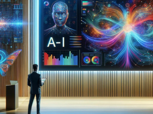 Person standing in front of a futuristic AI presentation with digital graphics and vibrant visualizations on a large screen.