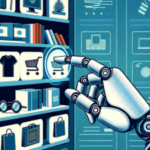 Alt text: Illustration of a robotic hand using a magnifying glass to examine products on a shelf, symbolizing advanced technology in retail and inventory management.