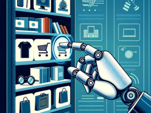 Alt text: Illustration of a robotic hand using a magnifying glass to examine products on a shelf, symbolizing advanced technology in retail and inventory management.