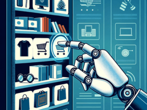 Alt text: Illustration of a robotic hand using a magnifying glass to examine products on a shelf, symbolizing advanced technology in retail and inventory management.