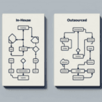 BPO Benefits - Scale & Save with Expert Outsourced Services Two flowcharts comparing In-House vs. Outsourced processes displayed side by side on a light background.
