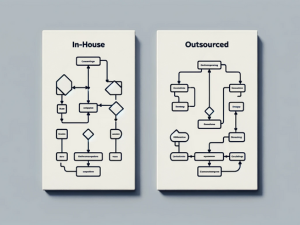 Two flowcharts comparing In-House vs. Outsourced processes displayed side by side on a light background.