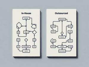 Two flowcharts comparing In-House vs. Outsourced processes displayed side by side on a light background.