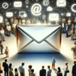A large 3D metallic envelope icon illuminated in the center, surrounded by diverse people all facing it, with digital symbols like @, mail, and clocks floating in the background, symbolizing connectivity and electronic communication.
