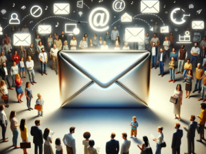 A large 3D metallic envelope icon illuminated in the center, surrounded by diverse people all facing it, with digital symbols like @, mail, and clocks floating in the background, symbolizing connectivity and electronic communication.