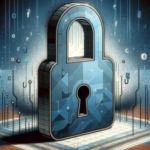 Alt text: Digital art of a stylized padlock representing cybersecurity, with a keyhole emitting light, surrounded by floating alphanumeric characters and connected to circuit-like structures.