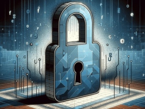 Alt text: Digital art of a stylized padlock representing cybersecurity, with a keyhole emitting light, surrounded by floating alphanumeric characters and connected to circuit-like structures.