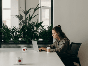 Woman working on a laptop at a modern office table with coffee and indoor plants in the background.