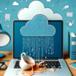 Alt text: Illustrative concept of cloud computing with a stylized graphic of a cloud raining binary code on a laptop screen, surrounded by office items like a spilled cup of coffee, glasses, a desk lamp, and books, all against a blue backdrop with doodles symbolizing connectivity and data.