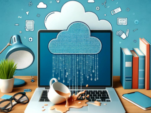 Alt text: Illustrative concept of cloud computing with a stylized graphic of a cloud raining binary code on a laptop screen, surrounded by office items like a spilled cup of coffee, glasses, a desk lamp, and books, all against a blue backdrop with doodles symbolizing connectivity and data.