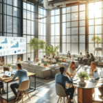 Modern office space with large windows, a group of professionals in a meeting with a digital presentation screen showing graphs, others working at desks and lounge areas in a sunlit room.
