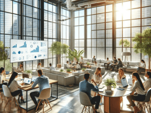 Modern office space with large windows, a group of professionals in a meeting with a digital presentation screen showing graphs, others working at desks and lounge areas in a sunlit room.