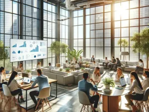Modern office space with large windows, a group of professionals in a meeting with a digital presentation screen showing graphs, others working at desks and lounge areas in a sunlit room.