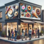 Expand Your Small Business with Effective Online Advertising Alt: A group of people standing outside a modern café with a large display of various breakfast items like pastries and coffee on the upper facade during the evening.