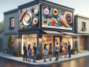 Alt: A group of people standing outside a modern café with a large display of various breakfast items like pastries and coffee on the upper facade during the evening.