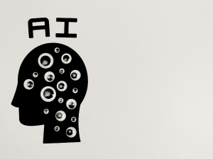 A graphic silhouette of a human head with gears inside, next to the letters AI representing artificial intelligence.