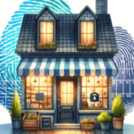 Illustration of a charming two-story boutique with a blue-striped awning, flower boxes, and potted plants under a pattern of blue fingerprint whorls.