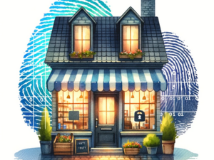 Illustration of a charming two-story boutique with a blue-striped awning, flower boxes, and potted plants under a pattern of blue fingerprint whorls.