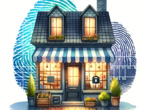 Illustration of a charming two-story boutique with a blue-striped awning, flower boxes, and potted plants under a pattern of blue fingerprint whorls.