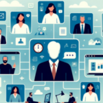 Illustration of a virtual team meeting with diverse animated characters representing roles in business and technology, connected by a network of lines against a blue background, symbolizing remote collaboration and digital connection.