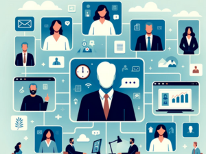 Illustration of a virtual team meeting with diverse animated characters representing roles in business and technology, connected by a network of lines against a blue background, symbolizing remote collaboration and digital connection.