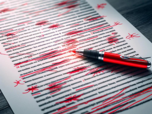 A document heavily marked with red pen revisions and corrections, accompanied by a red pen lying on the paper.