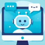 Alt text: Illustration of a cheerful cartoon robot with headphones appearing on a computer screen, with speech bubbles overhead, symbolizing online communication or customer service chatbot.