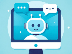 Alt text: Illustration of a cheerful cartoon robot with headphones appearing on a computer screen, with speech bubbles overhead, symbolizing online communication or customer service chatbot.