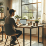Man working on laptop at a home office desk with a sunny window view.