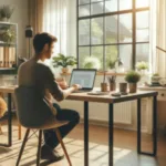 Man working on laptop at a home office desk with a sunny window view.