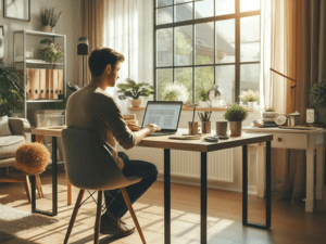 Man working on laptop at a home office desk with a sunny window view.