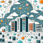 Illustration of a vibrant data center with servers, cloud computing icons, network connections, and technology symbols, depicting a busy, interconnected digital environment.