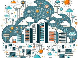 Illustration of a vibrant data center with servers, cloud computing icons, network connections, and technology symbols, depicting a busy, interconnected digital environment.