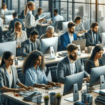 Modern office environment with diverse team of professionals working on computers at desks with large windows in the background.