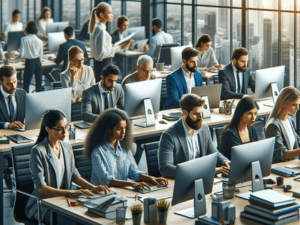 Modern office environment with diverse team of professionals working on computers at desks with large windows in the background.