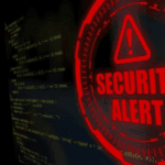 Computer screen displaying code with a prominent red 'SECURITY ALERT' warning symbol in the foreground, indicating a cybersecurity threat.