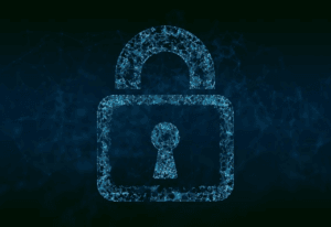 Alt text: Digital padlock illustration with a glowing blue outline on a dark background, symbolizing cyber security.