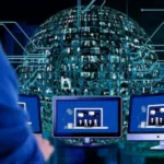 Transforming Business Meetings with Video Conferencing Alt text: Person viewing multiple computer screens showing analytical data with a futuristic digital globe structure in the background set against a dark, circuit-like backdrop.