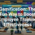 Illustration of a vibrant office with employees engaged in gamified training, featuring computer screens with colorful metrics and the text 'Gamification: The Fun Way to Boost Employee Training Effectiveness' overlaid.