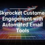 Promotional graphic with a futuristic space theme, featuring a rocket symbolizing growth, various analytics charts, and the text 'Skyrocket Customer Engagement with Automated Email Tools'.