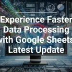 Transform Google Sheets with Faster Data Processing and AI Tools Promotional graphic for Google Sheets' update highlighting faster data processing, with vibrant data visualizations in the background and a central monitor display.