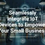 Transform Your Business with IoT Solutions A professional in a modern office setting using a tablet with digital IoT (Internet of Things) icons floating around, promoting seamless integration of IoT devices for small business empowerment.