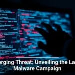 A person's silhouette in front of a computer screen displaying red and blue code, with the caption Emerging Threat: Unveiling the Latest Malware Campaign.
