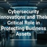 Alt text: Graphic with title 'Cybersecurity Innovations and Their Critical Role in Protecting Business Assets' featuring a futuristic server room with racks of equipment and a humanoid robot.