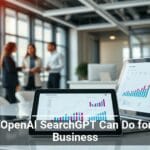 Alt text: Modern office setting with a group of professionals engaged in conversation in the background, and a foreground focus on a tablet and laptop displaying colorful graphs and data charts. Overlay text reads 'What OpenAI SearchGPT Can Do for Your Business'.